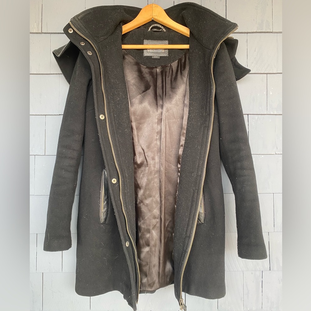 Womens Mackage Canada Wool Cashmere Hooded Winter Coat with Leather Trim Medium